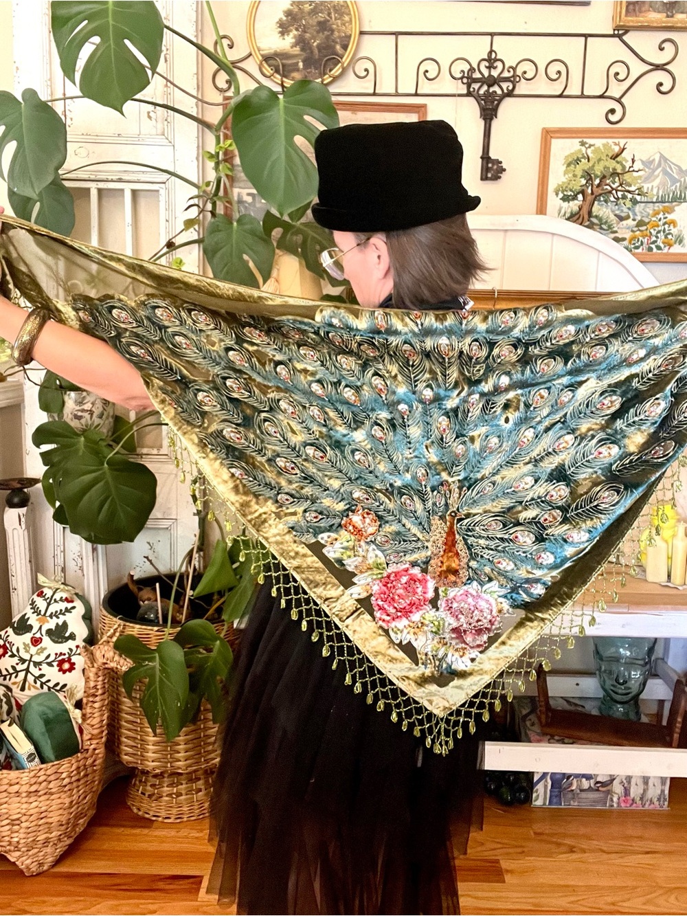 Vintage Kirks Folly Velvet "Empress Peacock" Triangular Shawl Silk Velvet